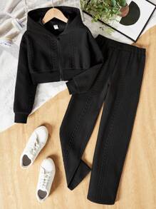 SHEIN Tween Girls' Knitted Jacquard Fabric Zipper Hooded Sweater And Pants Set - Black - View 1