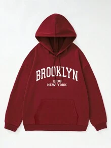 男士加大號帶袋連帽衛衣,印有字母圖案 - 紅色 - 查看 4