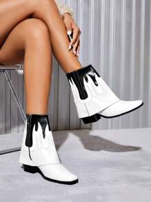 SheIn SXY Botas De Tacón Grueso Con Patrón De Fuego Y Bloques De Colores - Blanco y Negro - Ver 5