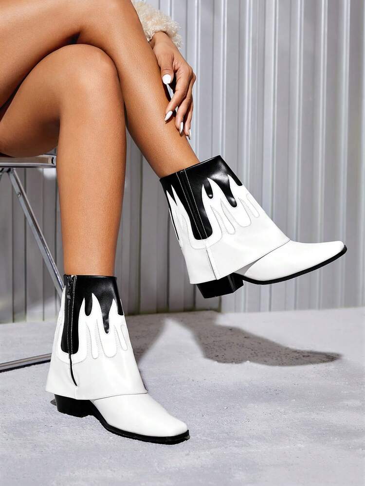 Colorblock Fire Pattern Chunky Heeled Boots