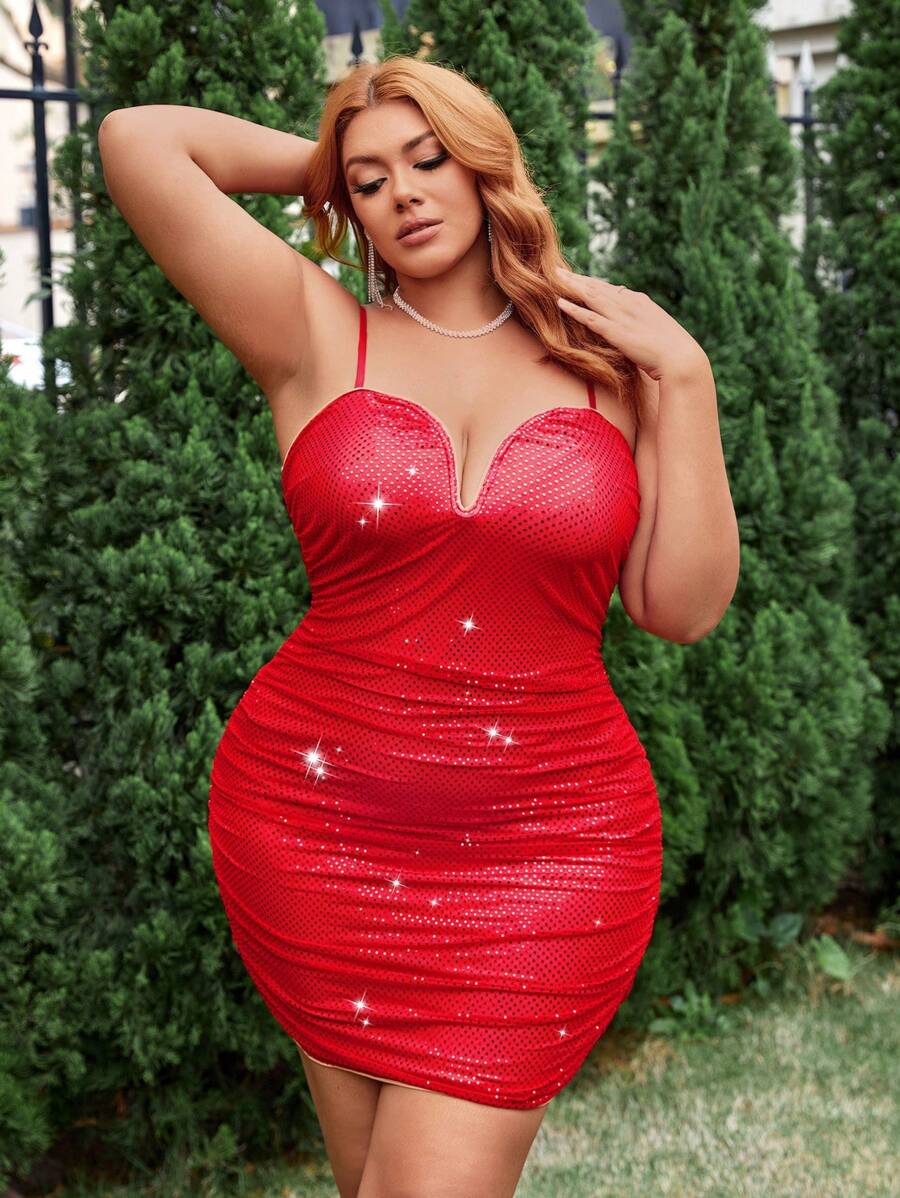 SHEIN SXY 加大碼閃亮貼身細肩帶連身裙