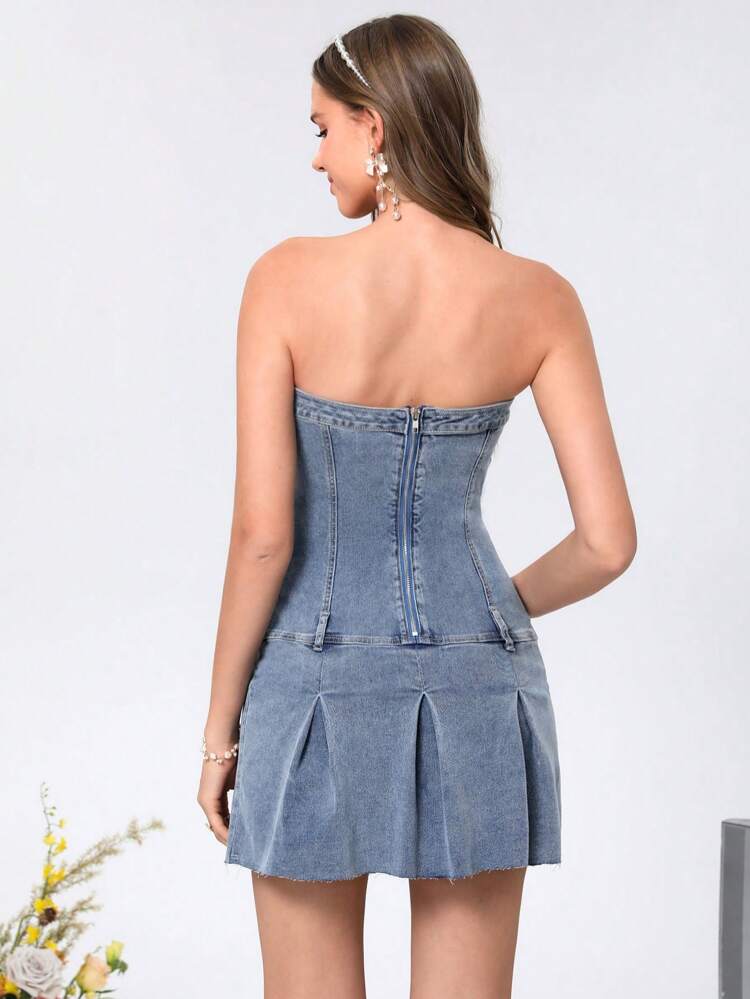 Denim Strapless Ruffled Dress