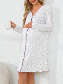 Moonlight&Mama Maternity Floral Printed Colorblock Nightgown With Lace Trim, Pajama Dress, For Fall, Winter - White - View 5