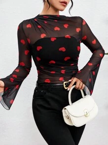 SHEIN LUNE Top De Malla Transparente En Forma De Corazón Con Mangas Acampanadas