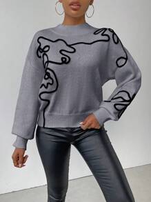 SHEIN Essnce Của phụ nữ Thêu Tay áo lồng đèn Áo len - Xám - Xem 4