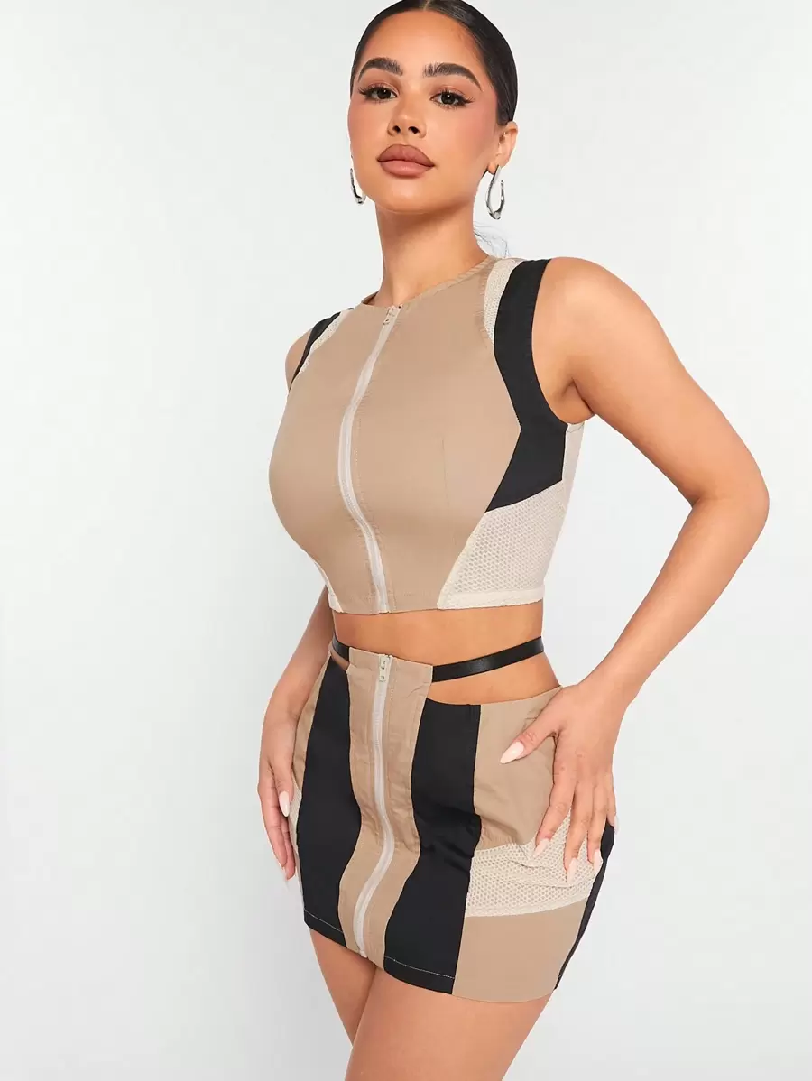 SHEIN Unity 拼色拉链上衣和裙子两件套 - 彩色 - 查看 1