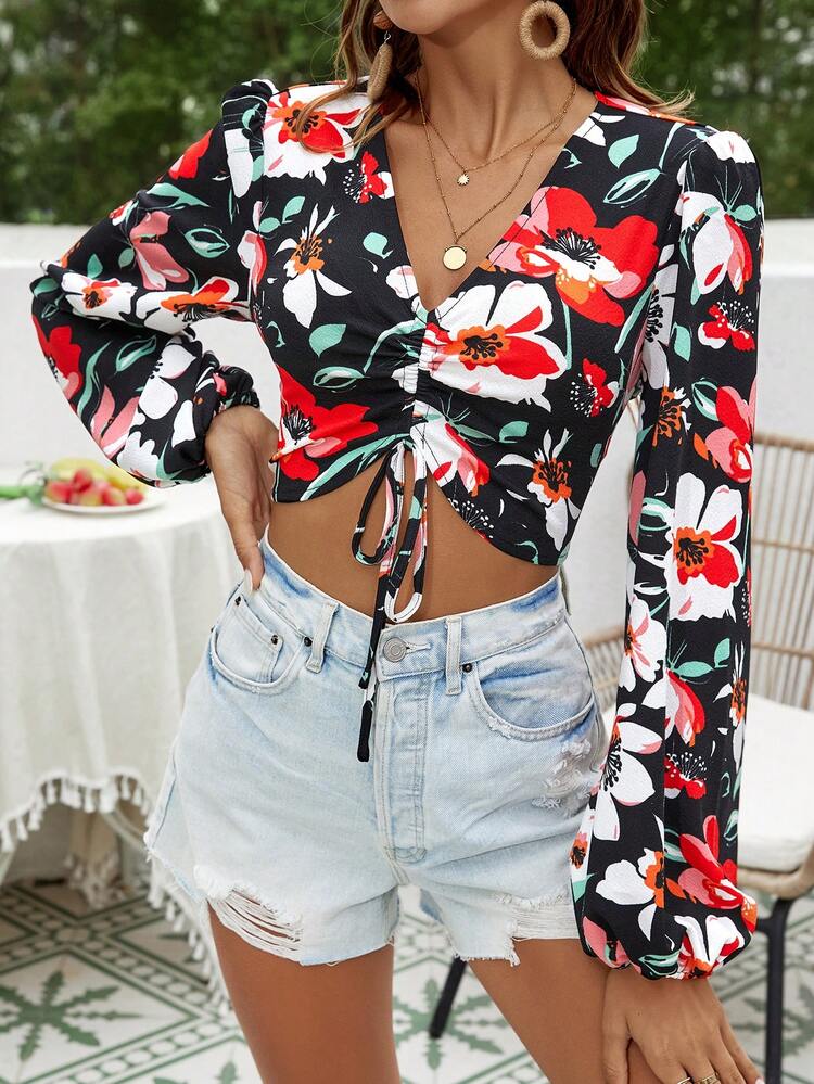 Women'S Floral Print Drawstring Shirt