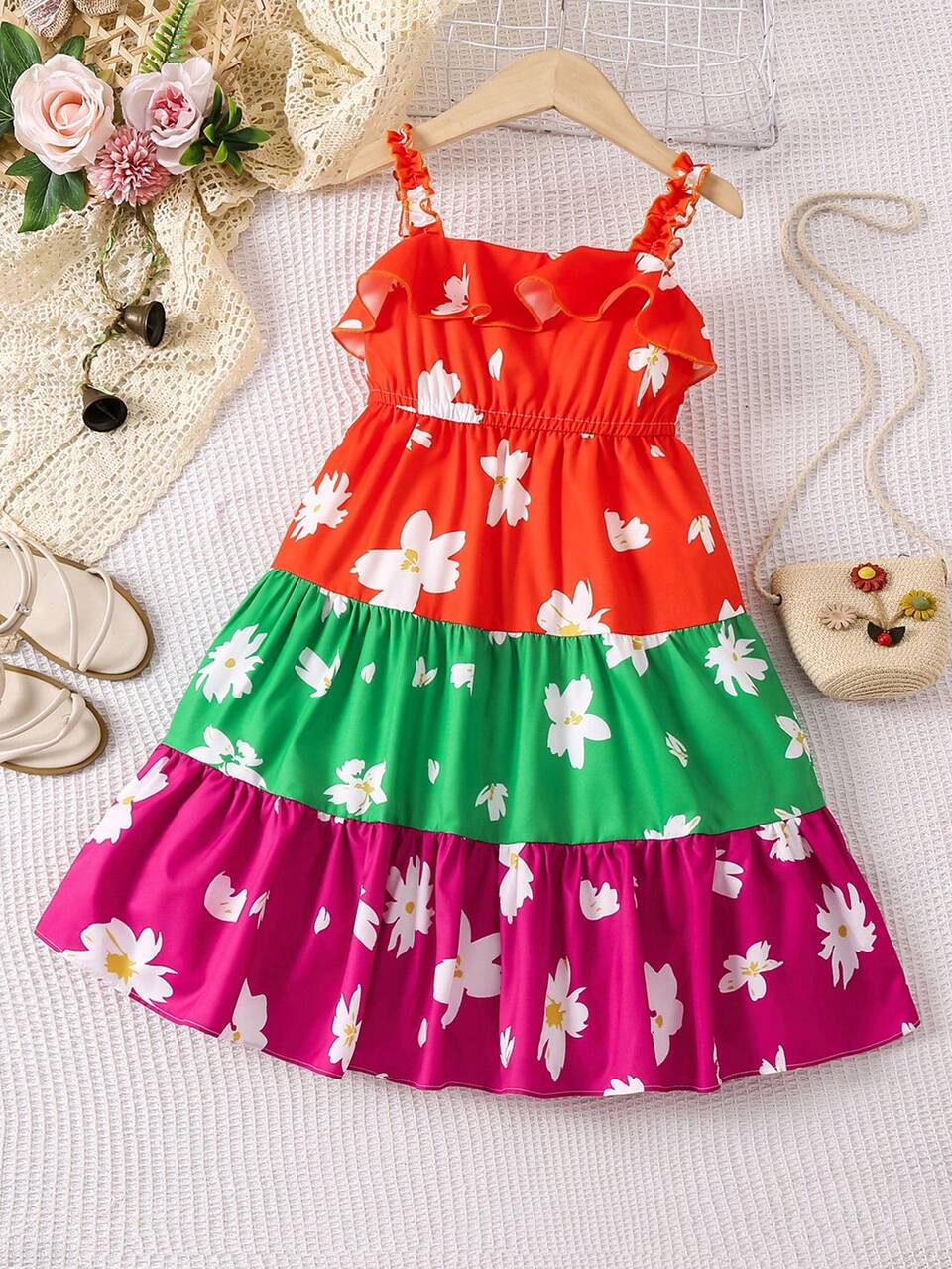 Young Girl Beach Dress With Floral Print And Color Block Spaghetti Straps For Spring/Summer Vacation
