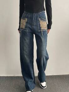 Ladies' Asymmetrical Hole Design Jeans - Blue - View 5