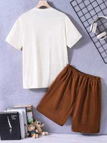 青少年男孩休閒都市校園可愛小熊印花 T 恤和短褲套裝 - 彩色 - 查看 2