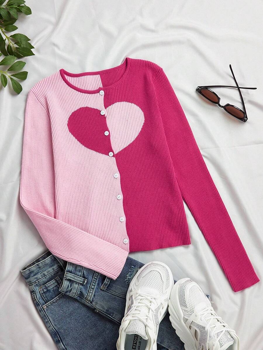 Chiquease 拼色長袖針織外套 - 玫紅色 - 查看 1