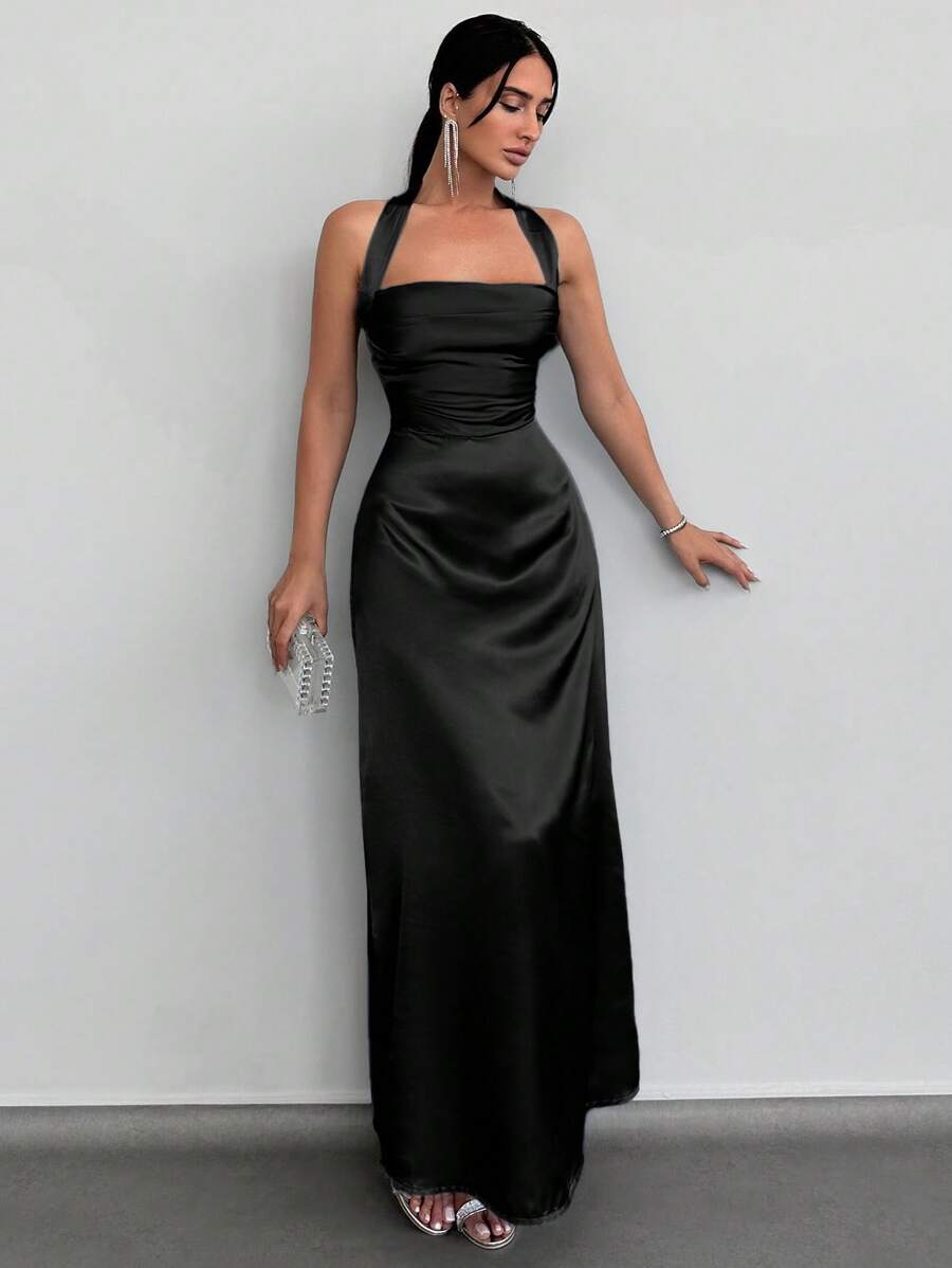 EURMUSE Ladies' Satin Backless Maxi Dress - Black - View 1