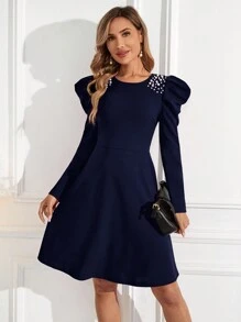 EMERY ROSE 女式羊腿袖針織裝飾連衣裙 - 藏蓝色 - 查看 3