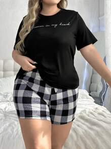 SHEIN 大码字母印花上衣和格子短裤睡衣套装 - 黑色 - 查看 3