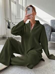 EURMUSE Zipper Half-Opened Collar Long Sleeve Sweater And Knitted Pants Two Piece Set - Khaki - View 3