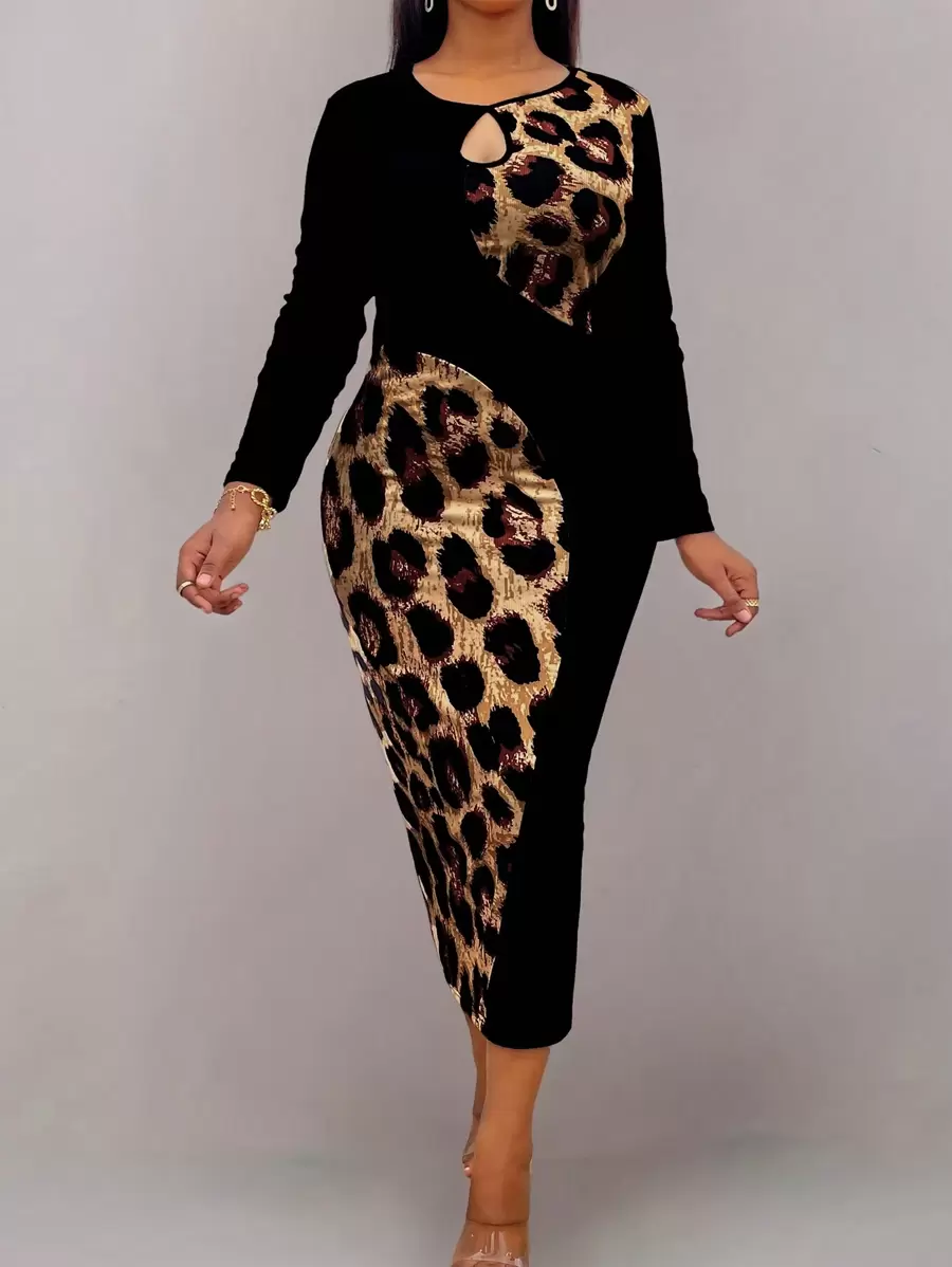EMERY ROSE Plus Leopard Print Keyhole Neckline Bodycon Dress Maxi Women Outfit Fall Cloth For Women - Multicolor - View 1