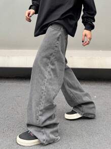 Claim Dot 鬆身男士直筒牛仔褲，寬鬆長版，洗水深色牛仔褲，貨運褲，純素淺灰色，派對復古饒舌風格 - 灰色 - 查看 3