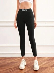 SHEIN EZwear 字母徽標圖案加厚保暖打底褲 - 黑色 - 查看 5