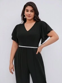 BizChic Women's Plus Size V-neck Ruffle Sleeve Straight Wide Leg Jumpsuit - Black - View 3