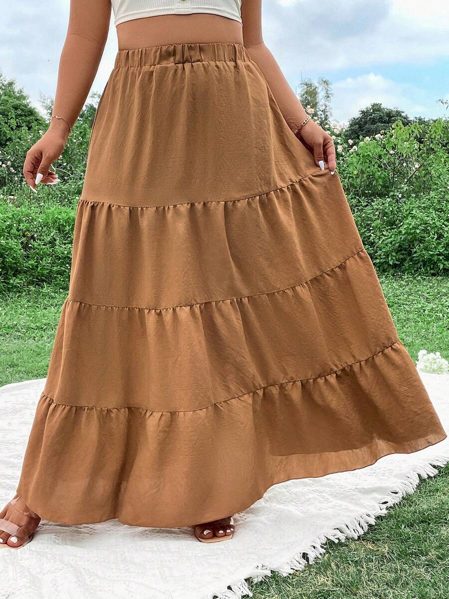 Flirla Falda De Talla Grande Con Dobladillo De Volantes Y Capas Para Mujeres - Marrón - Ver 1