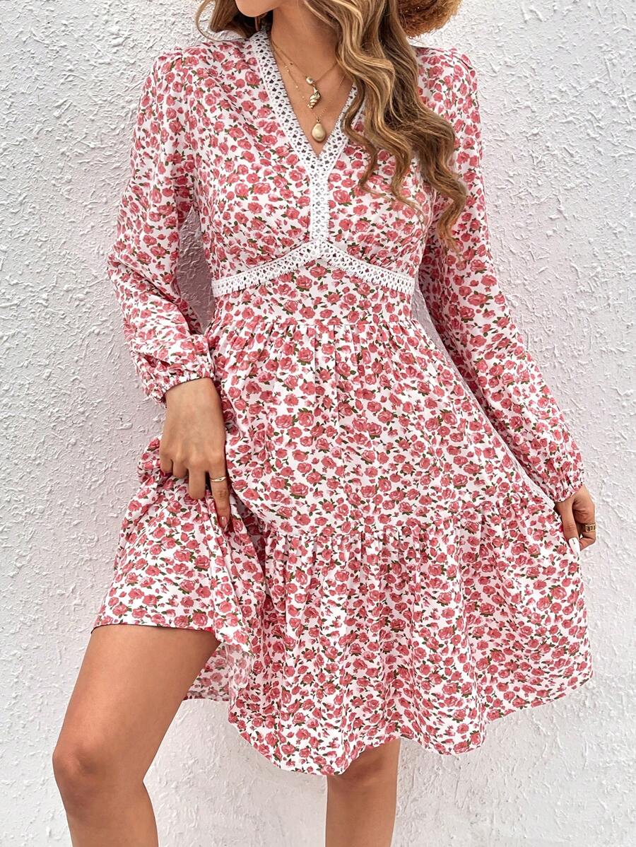 Breezaya Lace Trimmed Floral Printed Dress