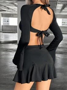 Flirla Women'S Backless Tie Front Top And Skirt Set