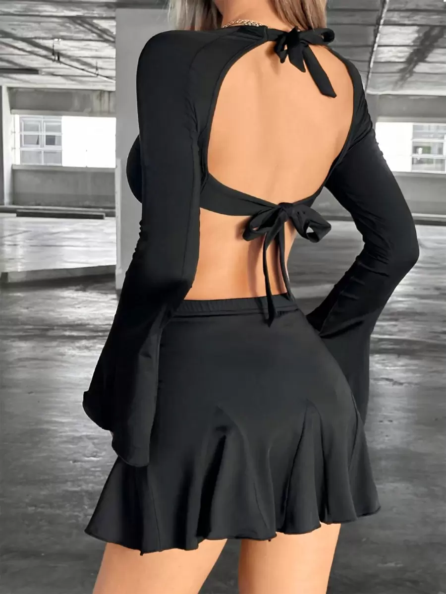 Flirla Women'S Backless Tie Front Top And Skirt Set
