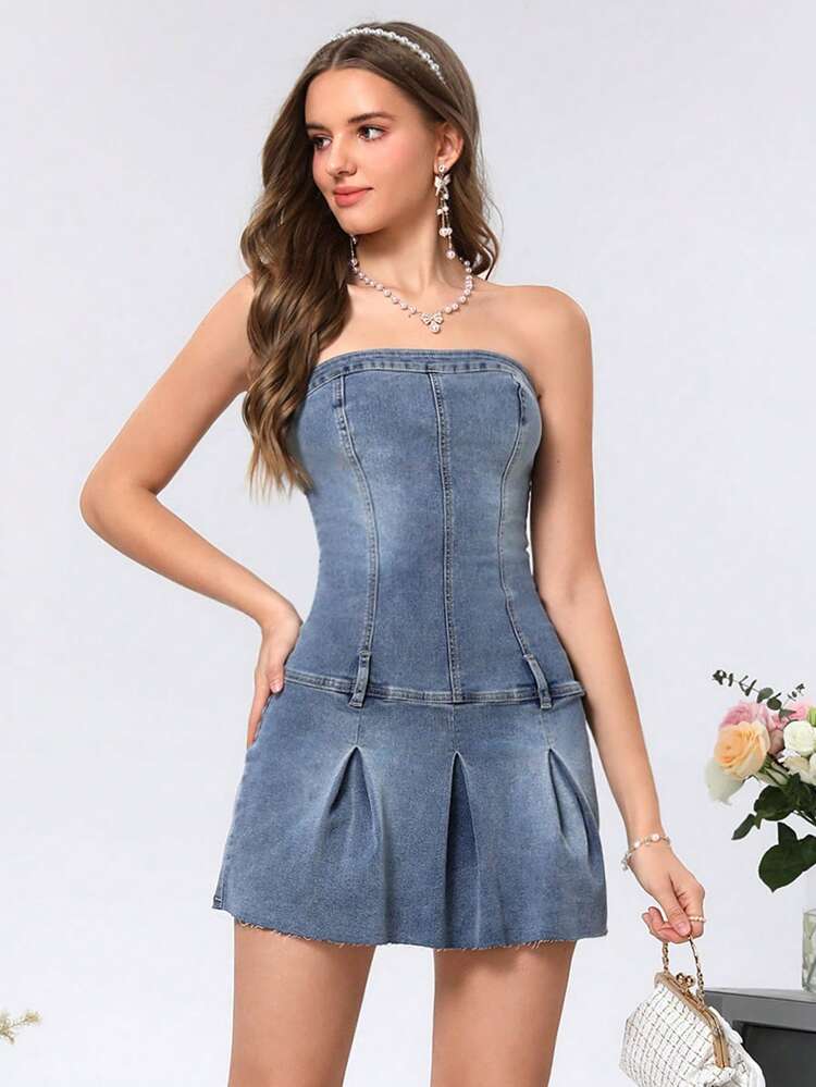 Denim Strapless Ruffled Dress