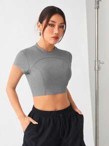 Yoga Basic 女士短袖露脐t恤 - 深灰色 - 查看 4