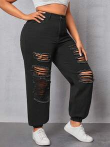 SHEIN Plus Size Solid Color Distressed Jeans - Black - View 5