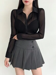 DAZY Women'S Single Breasted Mesh Long Sleeve Top Going Out Tops Sheer,Fall Women Clothes