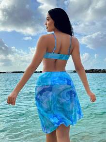 SHEIN Swim Vcay 夏季海灘水染圖案比基尼套裝，加上泳裙，歡樂派對必備 - 彩色 - 查看 2