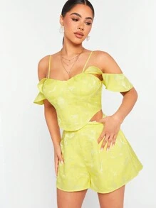 Hauture Conjunto de dos piezas de top y shorts a juego, con top de hombros descubiertos y tejido jacquard - Amarillo - Ver 3