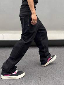 GALLERY FADE 宽松版型男士撞色缝线斜口袋牛仔裤纯色宽牛仔裤长款宽松纯色黑色洗水工装牛仔裤，适合送给丈夫、男朋友的礼物，适合外出工作、通勤、大学街头、垃圾摇滚 - 黑色 - 查看 6