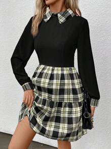 SHEIN Essnce 格紋拼接連衣裙 - 黑色 - 查看 6