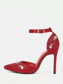 女性のファッショナブルでセクシーなハイヒールの赤いパンプス、ラインストーンで飾られ、尖ったつま先、アウトドア活動用の薄くてハイヒール - レッド - チェックする 3