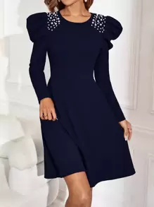 EMERY ROSE 女式羊腿袖針織裝飾連衣裙 - 藏蓝色 - 查看 1