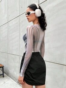 SHEIN Coolane 全覆蓋圖案網眼連身衣 - 黑與白 - 查看 2