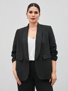 BizChic 秋冬女式加大码纯色披肩领前开襟西装外套 - 黑色 - 查看 3