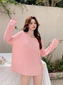 DAZY 1pc Long Sleeve Semi-Sheer Cover Up Summer,Beach Women Outfits