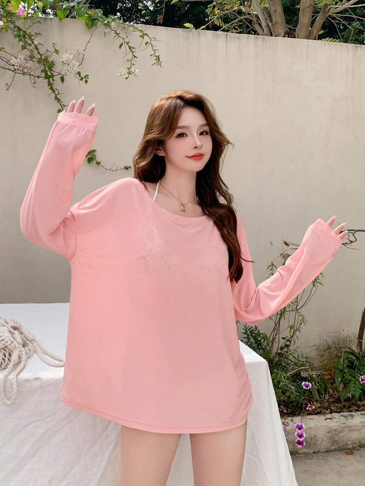 1pc Long Sleeve Semi-Sheer Cover Up Summer,Beach Women Outfits