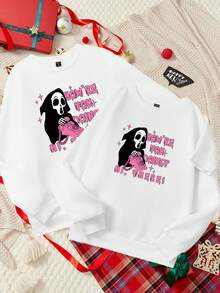 Manfinity Hypemode Men's Ghost Pattern Printed Round Neck Sweatshirt With Slogan - White - View 1