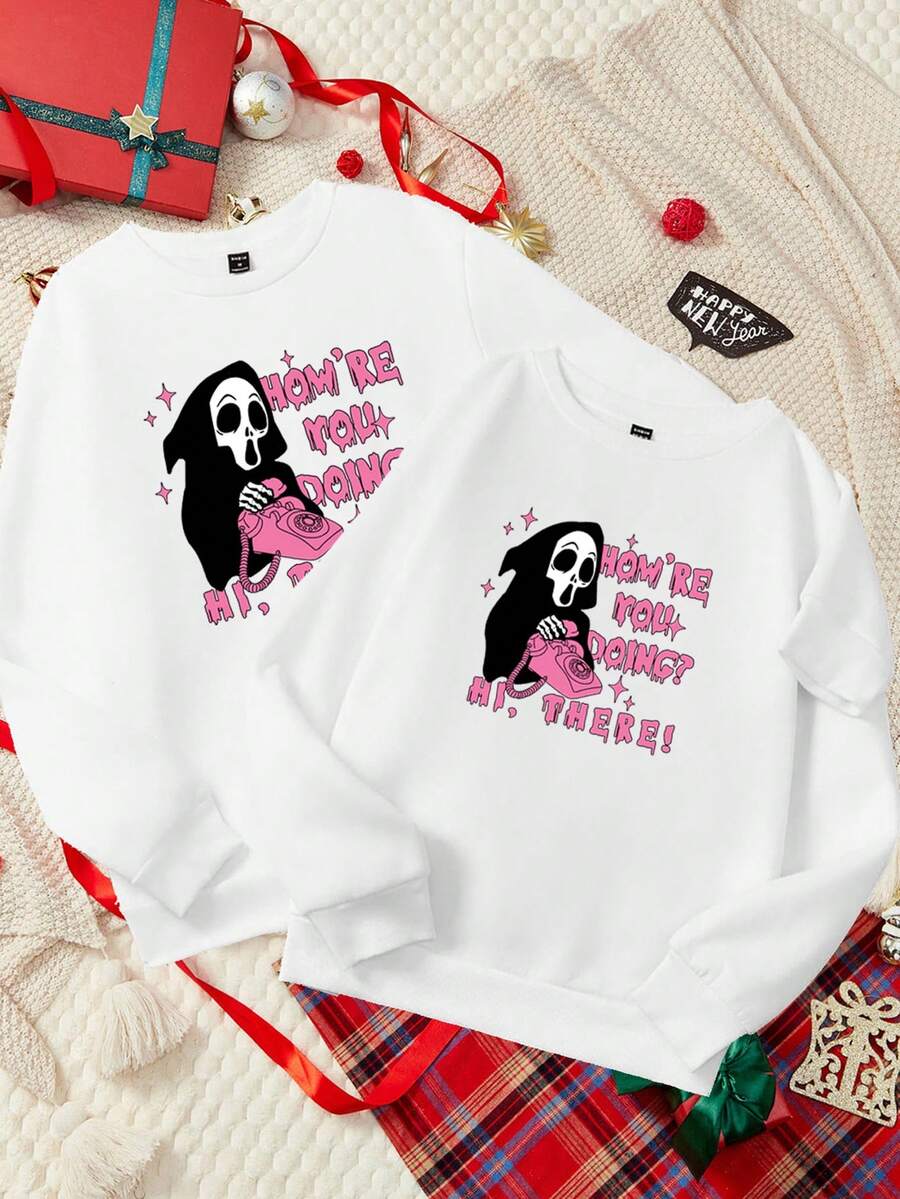 Manfinity Hypemode Men's Ghost Pattern Printed Round Neck Sweatshirt With Slogan - White - View 1