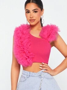 SHEIN Unity Asymmetrical Neck Exaggerated Ruffle Trim Crop Top For Summer - Hot Pink - View 1