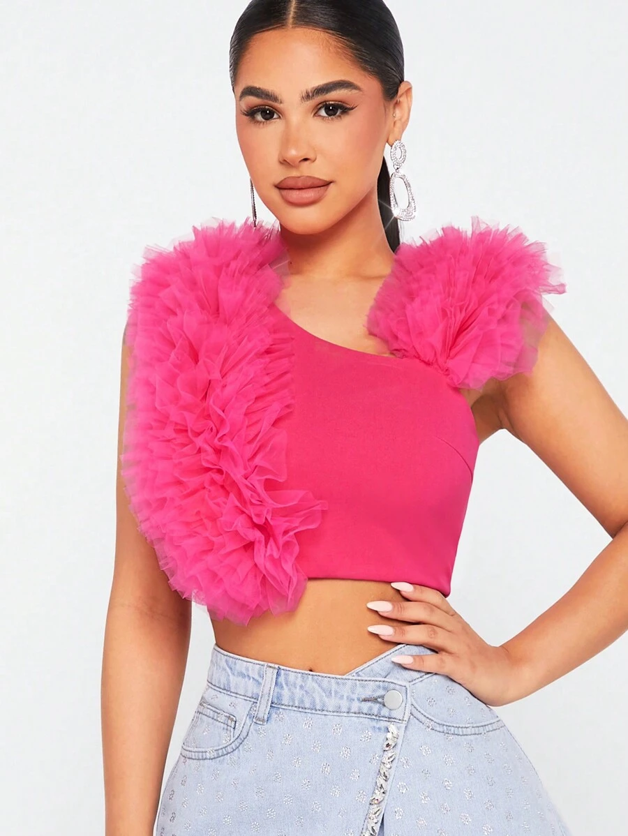 SHEIN Unity Asymmetrical Neck Exaggerated Ruffle Trim Crop Top For Summer - Hot Pink - View 1