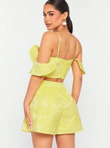 Hauture Conjunto de dos piezas de top y shorts a juego, con top de hombros descubiertos y tejido jacquard - Amarillo - Ver 2
