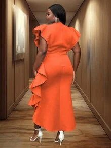 Plus Keyhole Neckline Butterfly Sleeve Ruffle Trim Split Thigh Dress - Orange - View 2