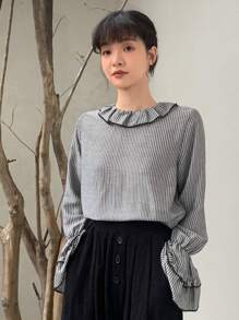 FRIFUL Blusa A Rayas Con Ribete De Volantes - Gris - Ver 1