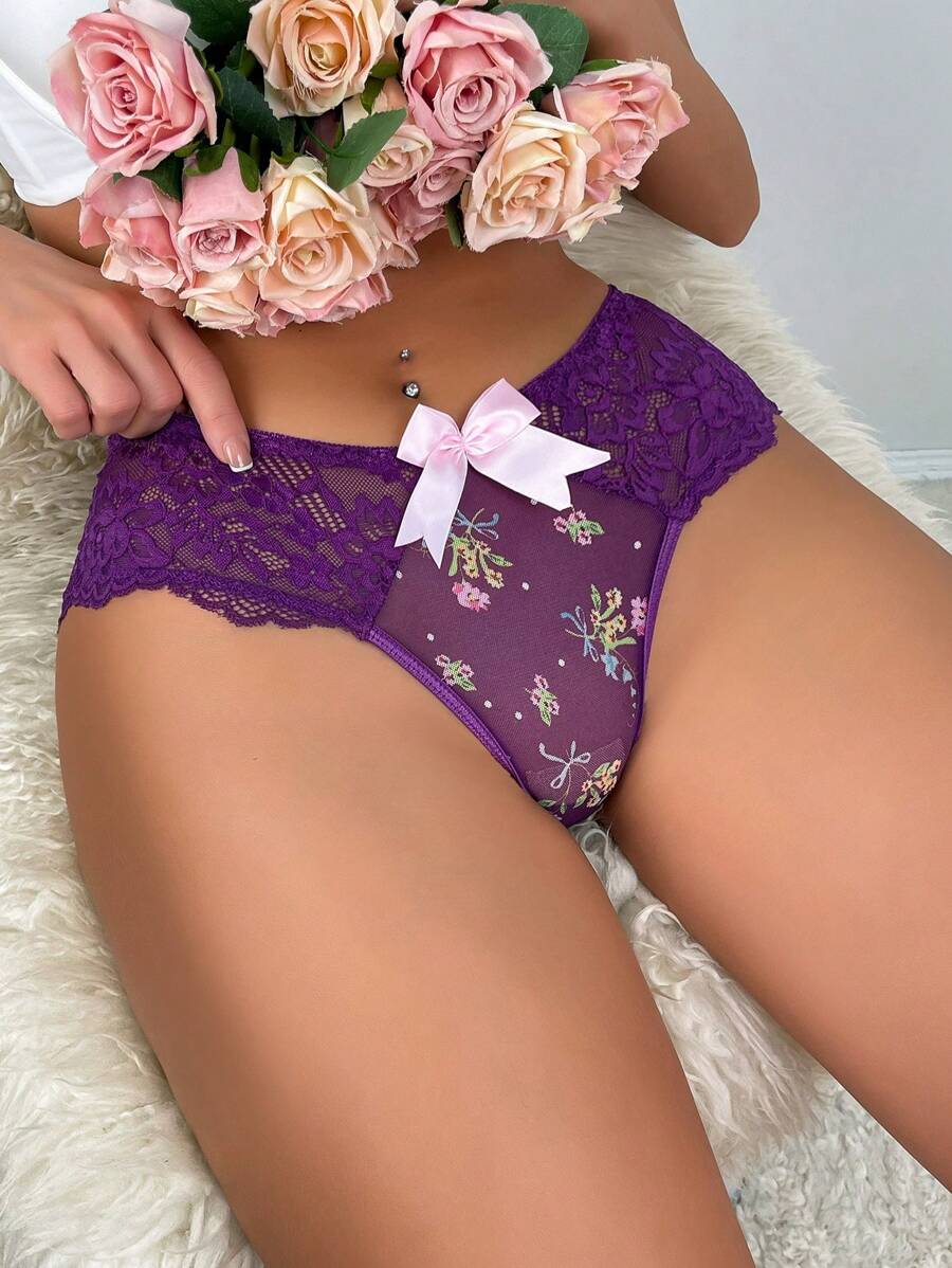 1件配蝴蝶結裝飾、蕾絲面料、三角褲款的內衣褲 - 紫色 - 查看 1