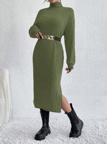 SHEIN Frenchy High Neck Long Sleeve Split Side Dress - Army Green - View 3